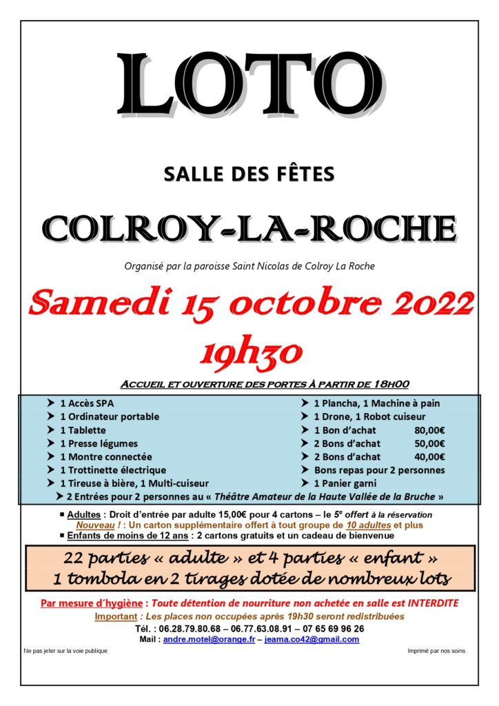 Soirée loto paroissiale le 15 octobre 2022 à Colroy la Roche