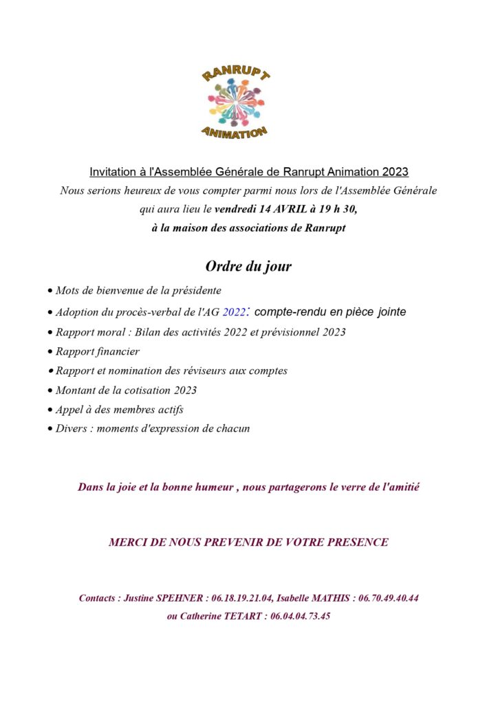 Invitation AG Ranrupt Animation @ Maison des associations de Ranrupt | Ranrupt | Grand Est | France