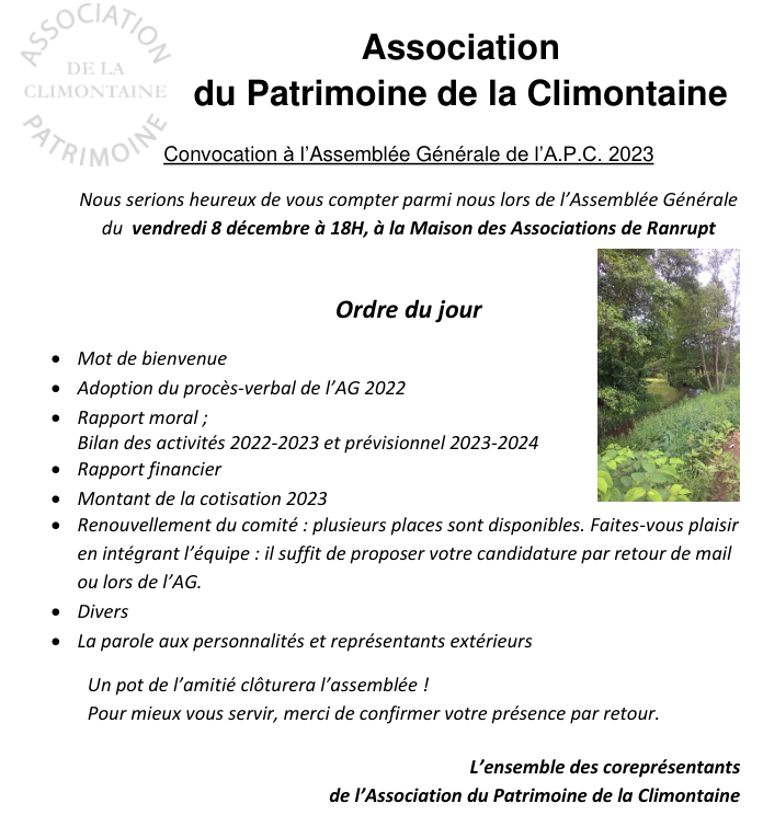 AG Association du Patrimoine de la Climontaine @ Maison des associations de Ranrupt | Ranrupt | Grand Est | France